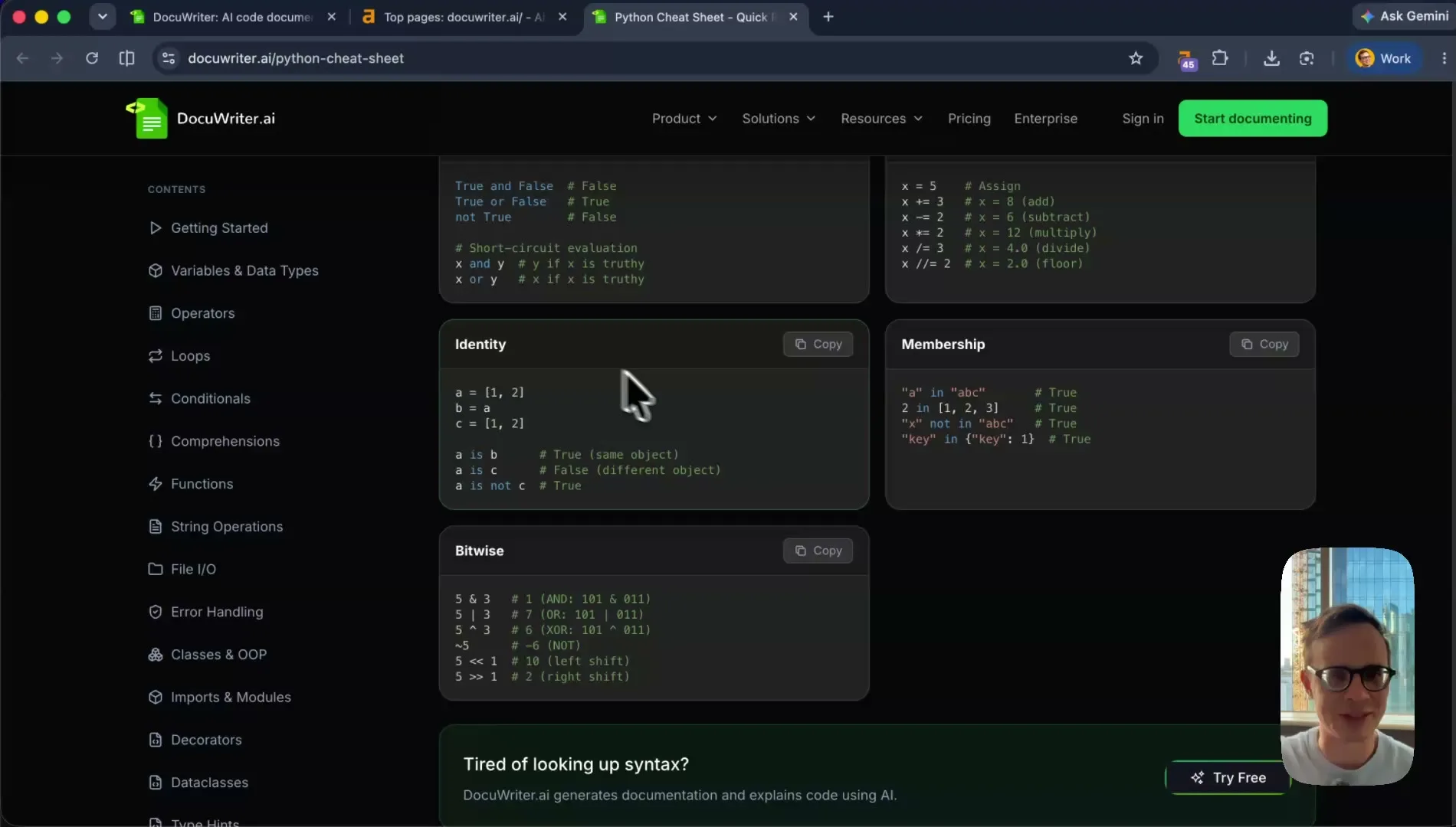 Python cheat sheet: operators, copy buttons, Try Free