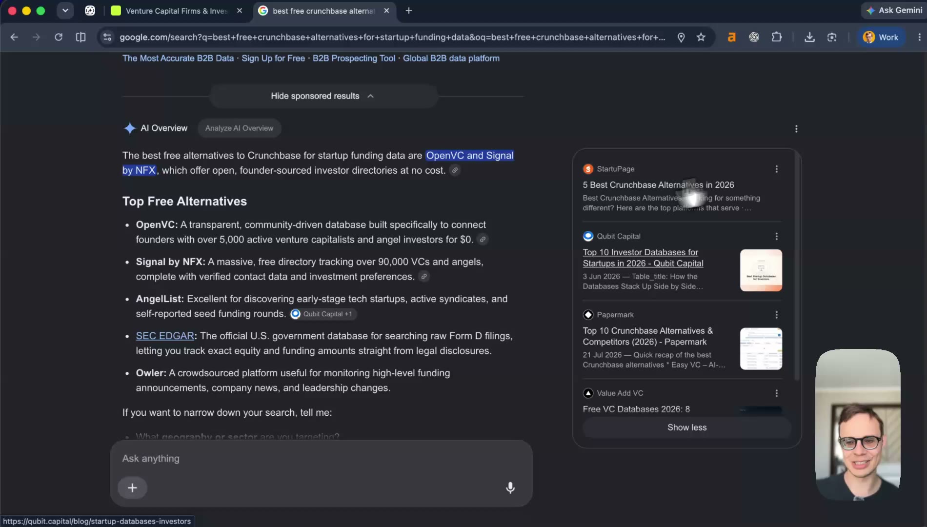 Google AI overview for Crunchbase alternatives