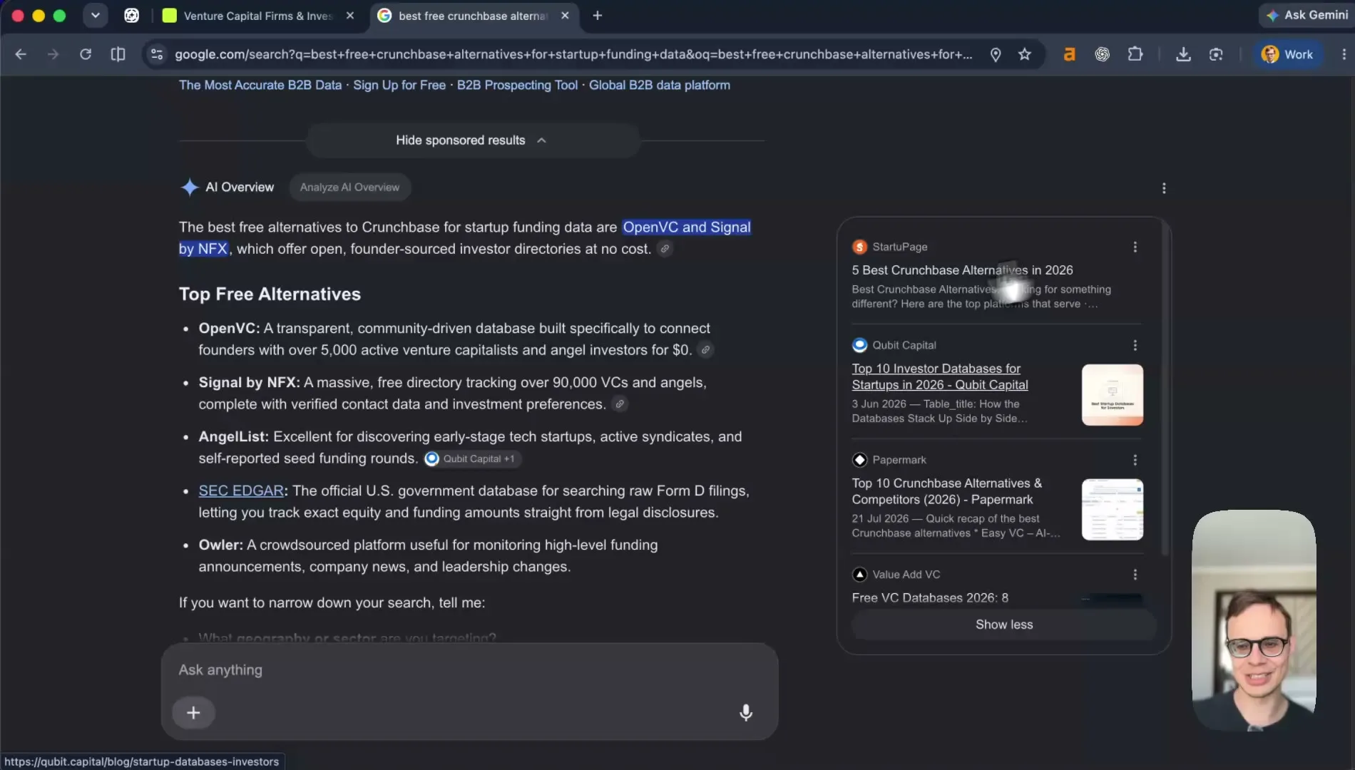Google AI overview for Crunchbase alternatives