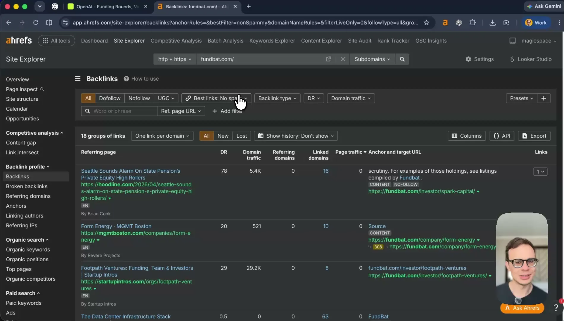 Fundbat backlink list in Ahrefs