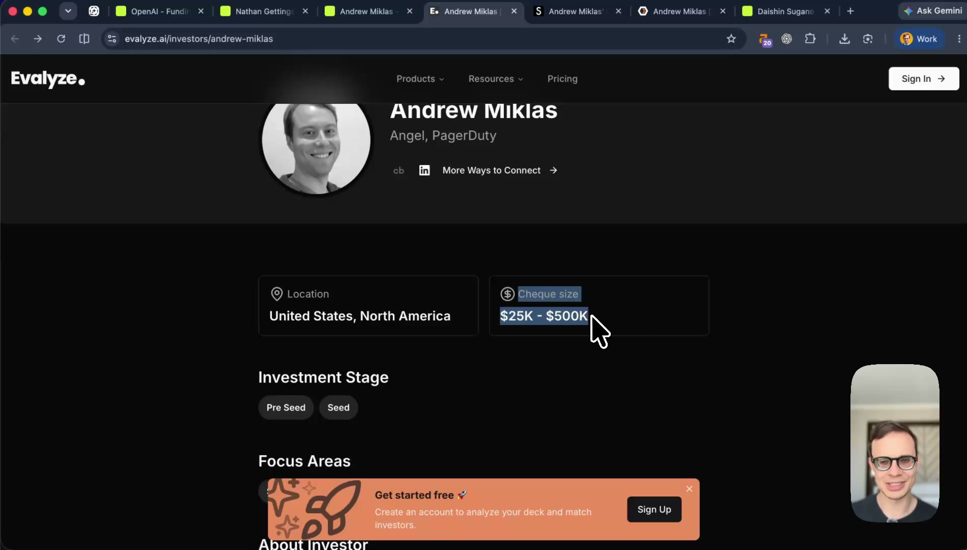 Evalyze investor page with cheque size
