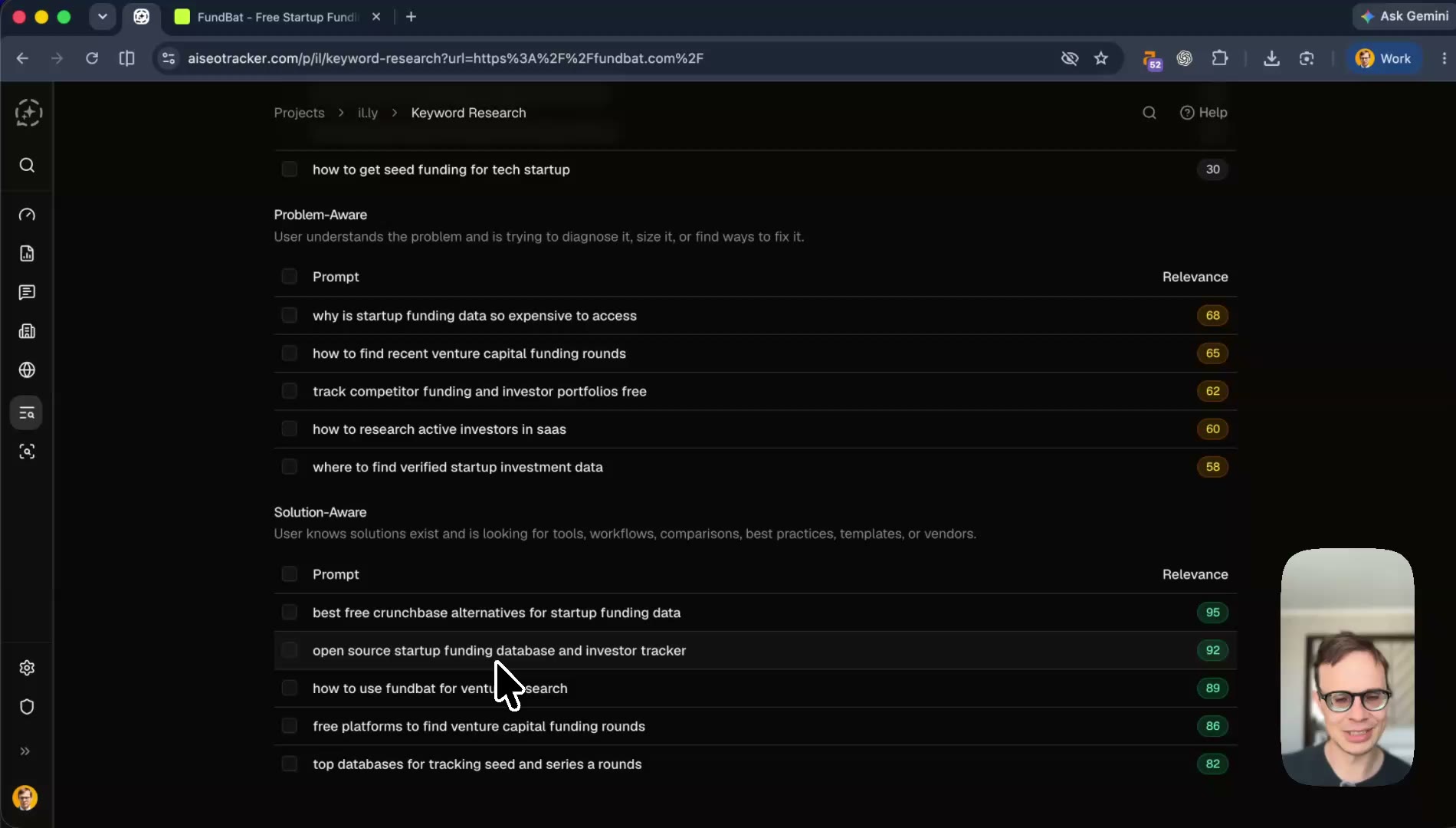 AI SEO Tracker keyword research for Fundbat