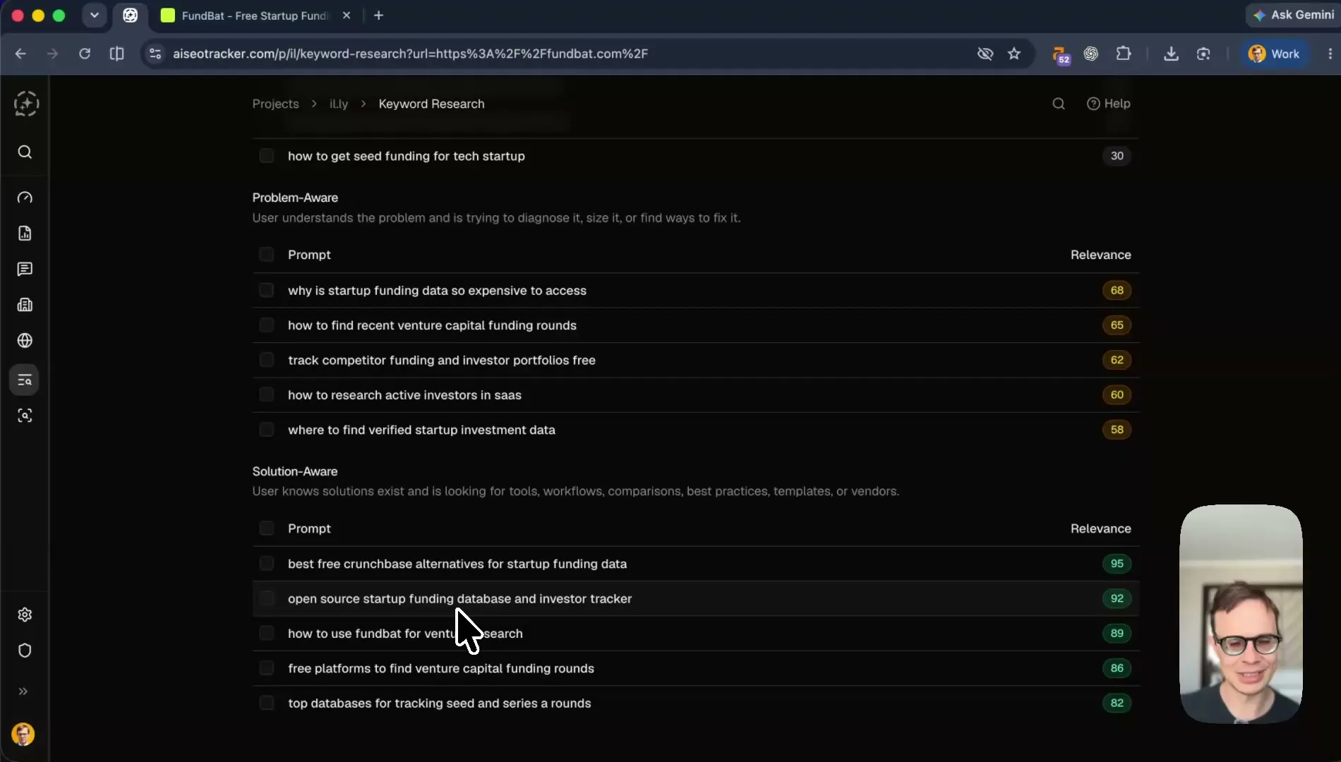 AI SEO Tracker keyword research for Fundbat