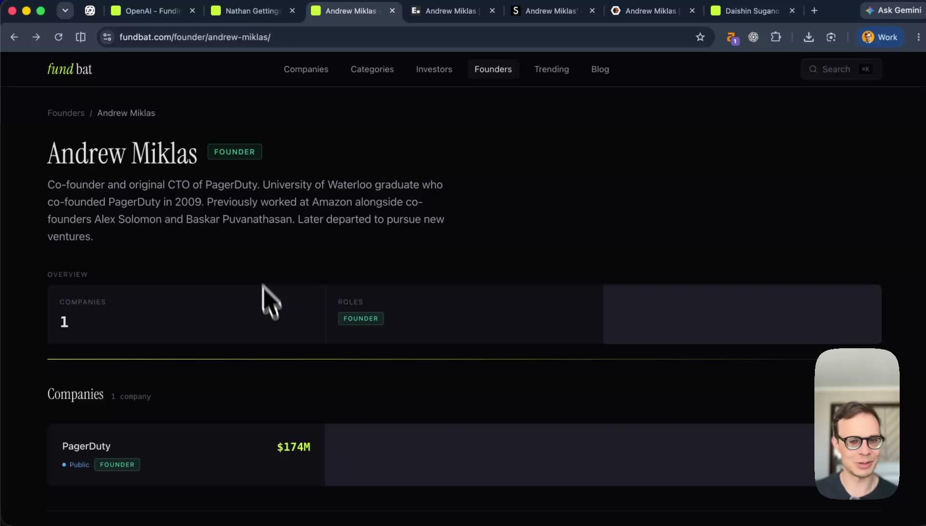 Fundbat founder page showing one company