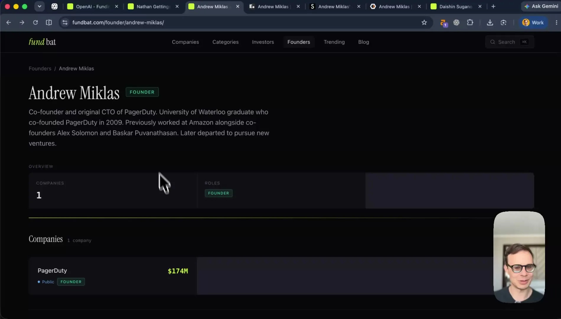 Fundbat founder page showing one company
