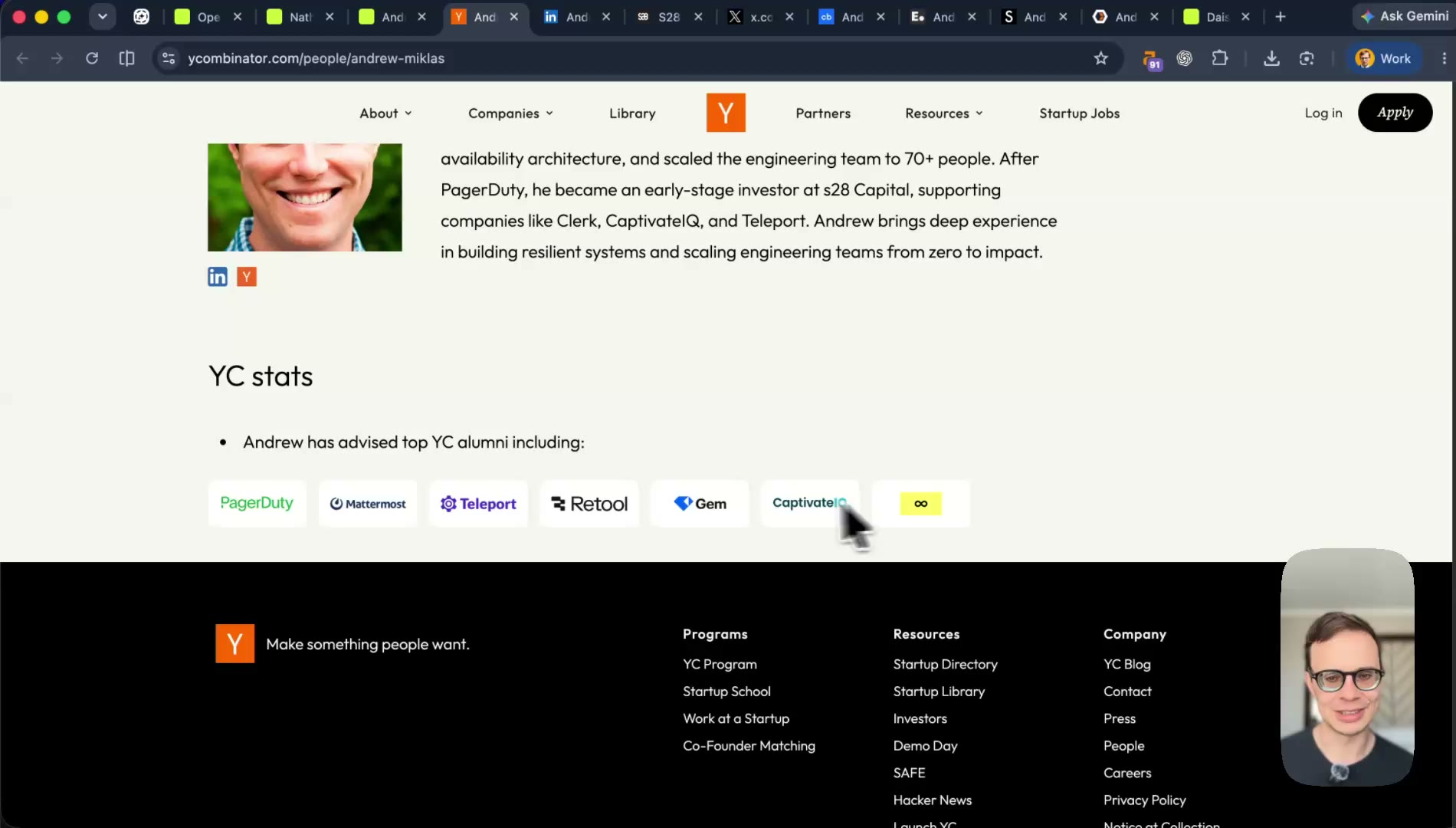 Y Combinator profile with photo and company logos