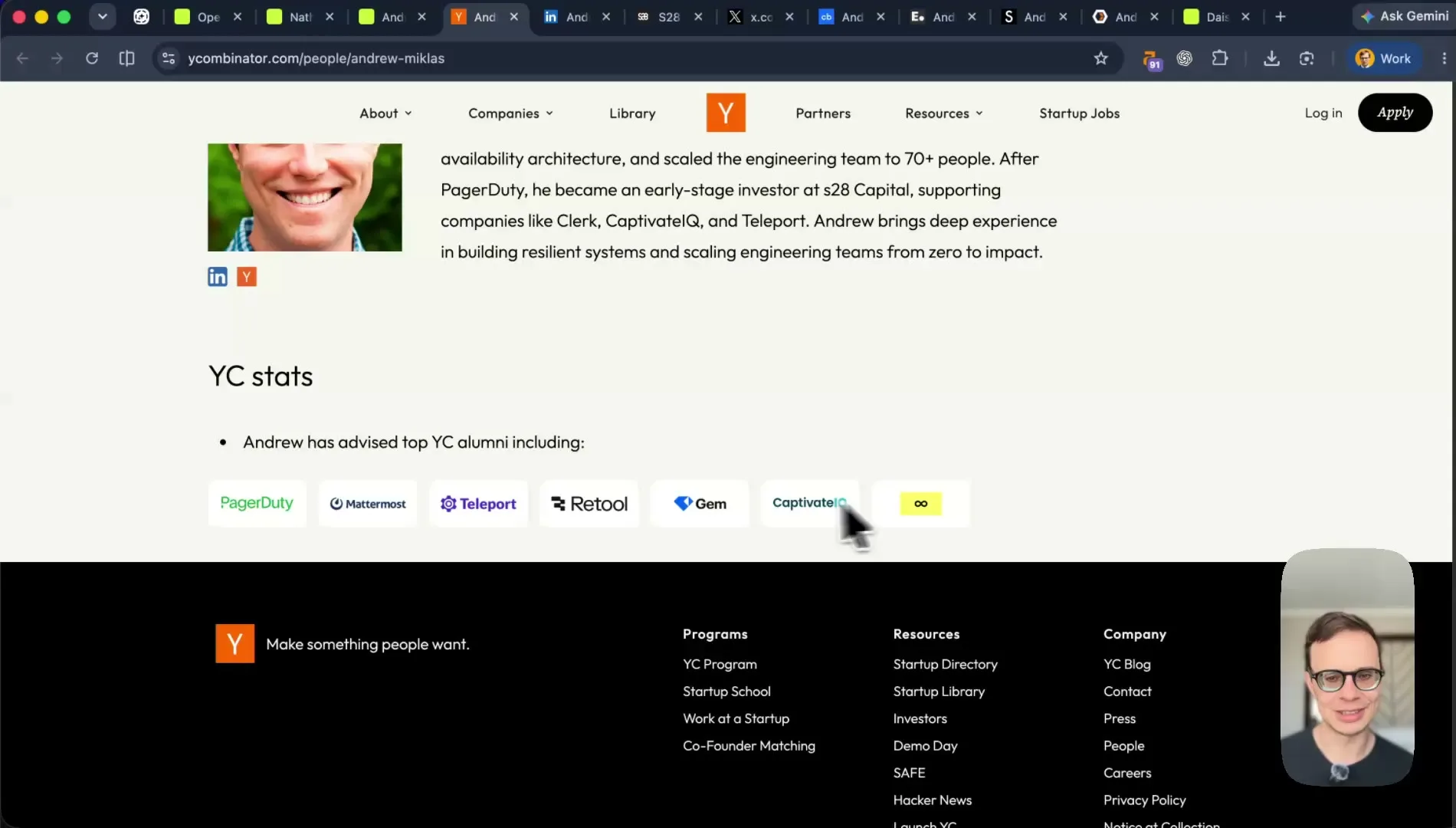 Y Combinator profile with photo and company logos