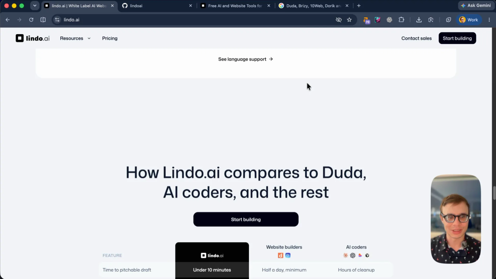Lindo homepage: How Lindo.ai compares to Duda, AI coders, and the rest