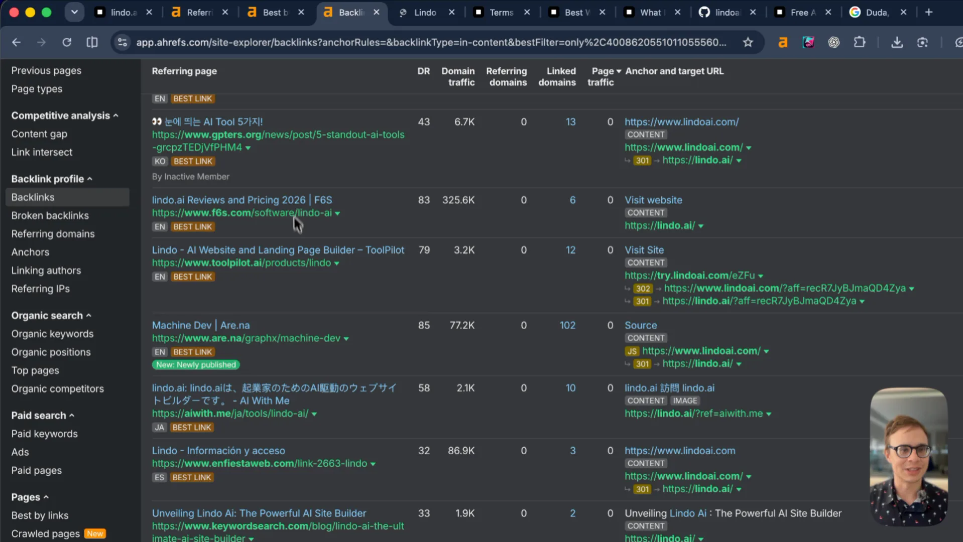 Ahrefs backlinks filtered to best links in content: F6S, ToolPilot, Are.na, AI directories