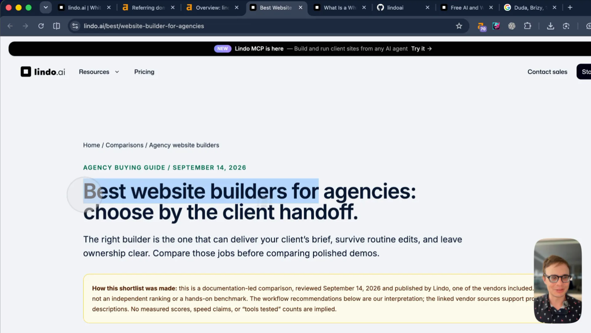 Lindo’s agency listicle: the table says to investigate Lindo for “AI-assisted service-site creation”