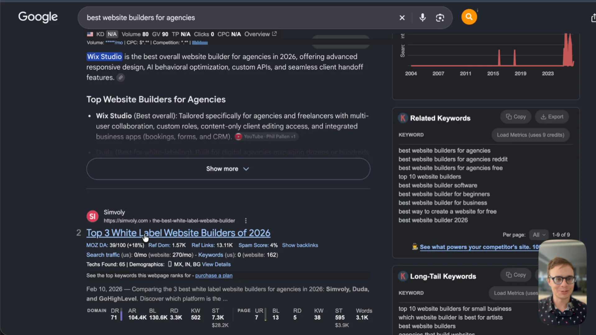 Google AI Overview for “best website builders for agencies”: Wix Studio best overall, Duda best for white-labeling