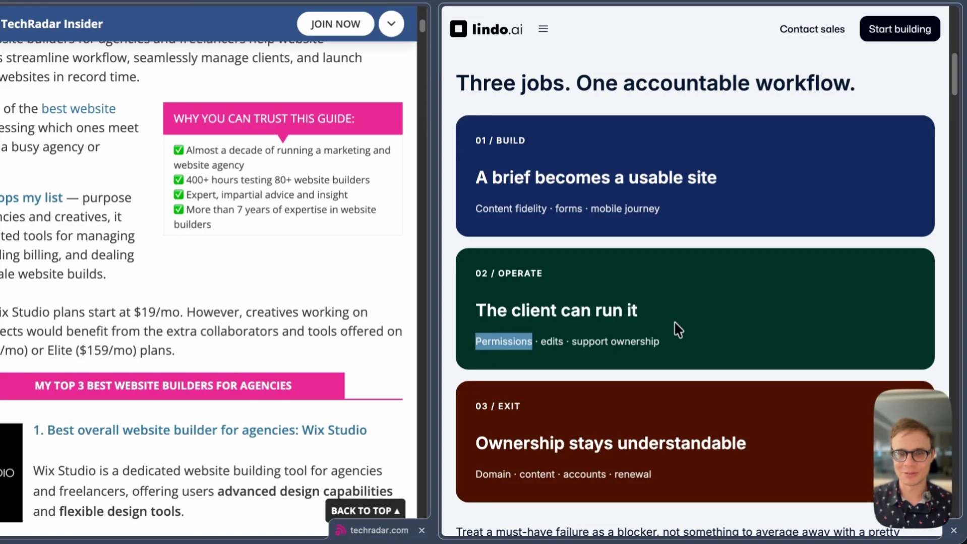 TechRadar’s “Why you can trust this guide” box next to Lindo’s “Three jobs. One accountable workflow.”