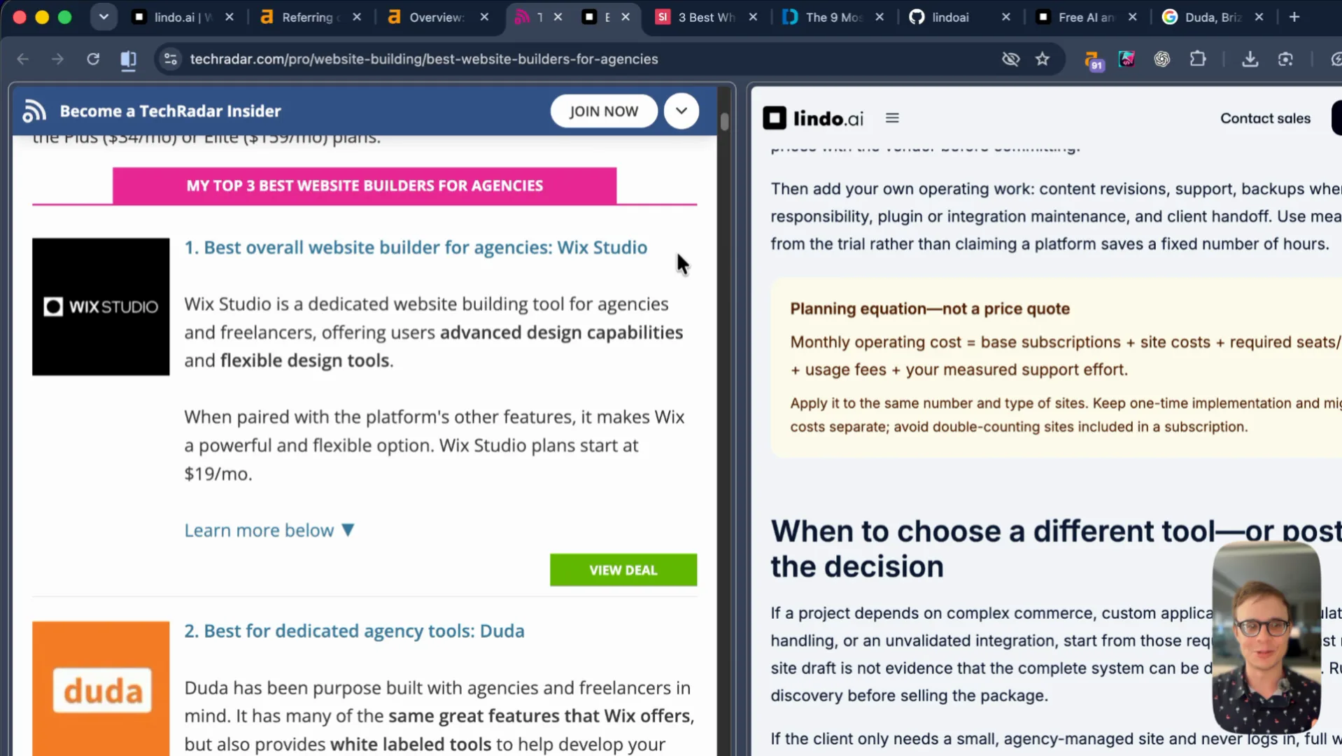 TechRadar’s top picks for agencies, Wix Studio and Duda, next to Lindo’s “Use one brief across every candidate”