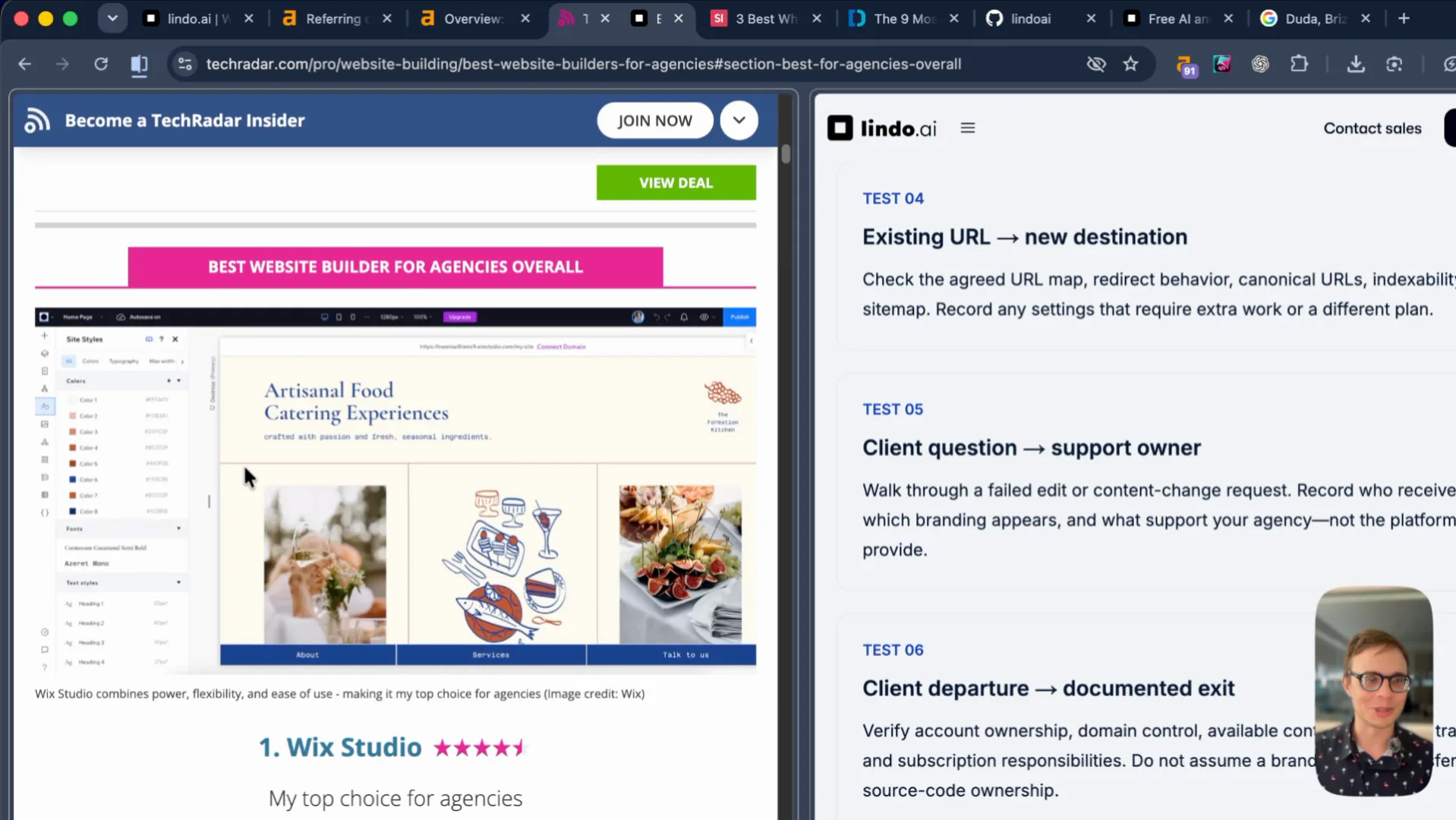 TechRadar’s Wix Studio review with a screenshot and star rating next to Lindo’s numbered tests