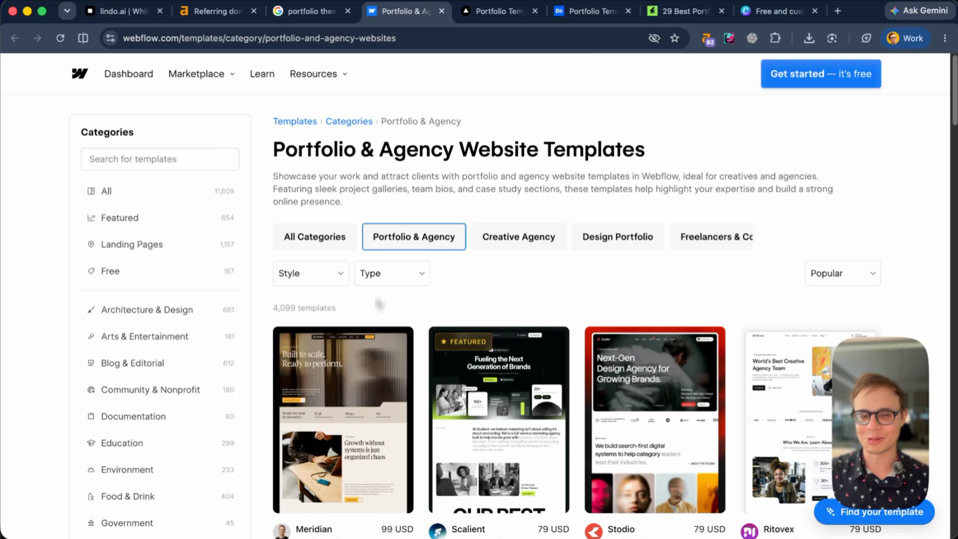 Webflow’s Portfolio & Agency Website Templates: 4,099 templates with prices