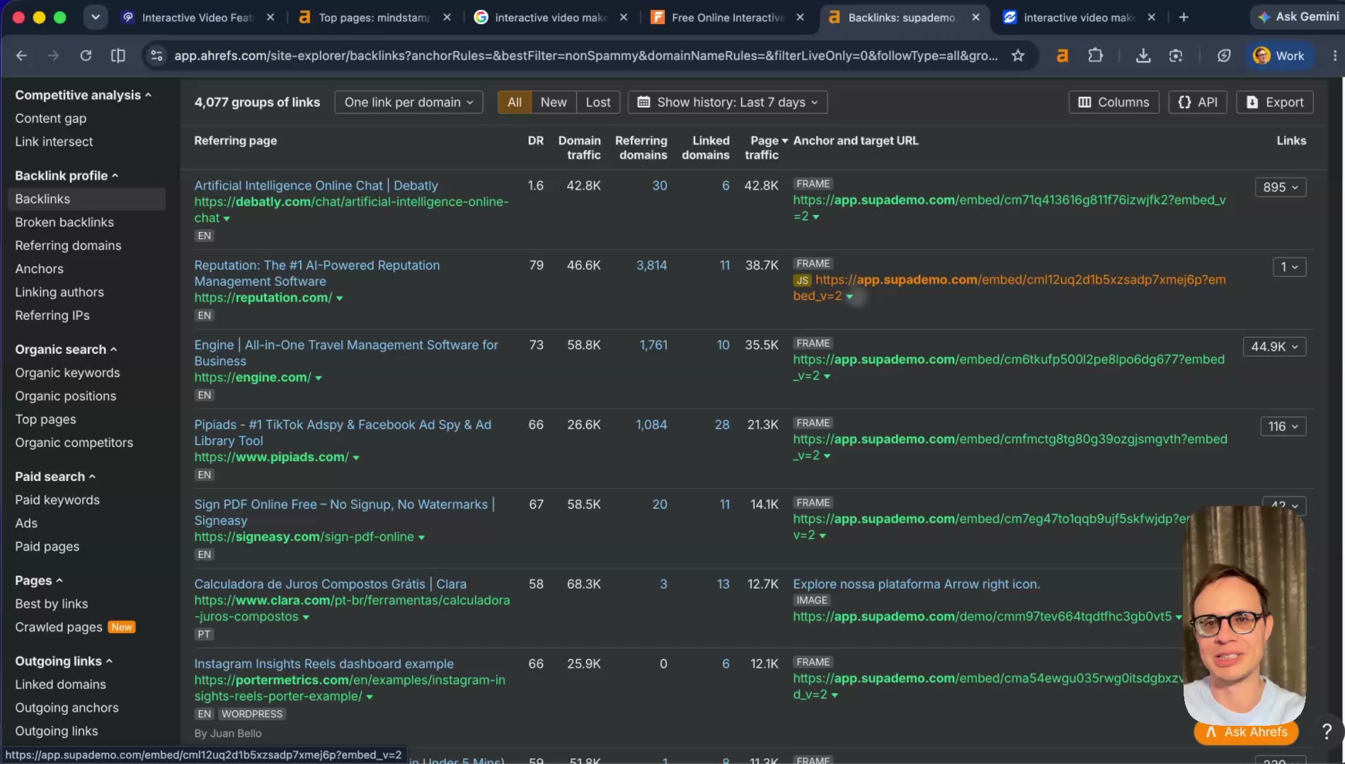 Supademo embed on a large customer domain, counted as a backlink