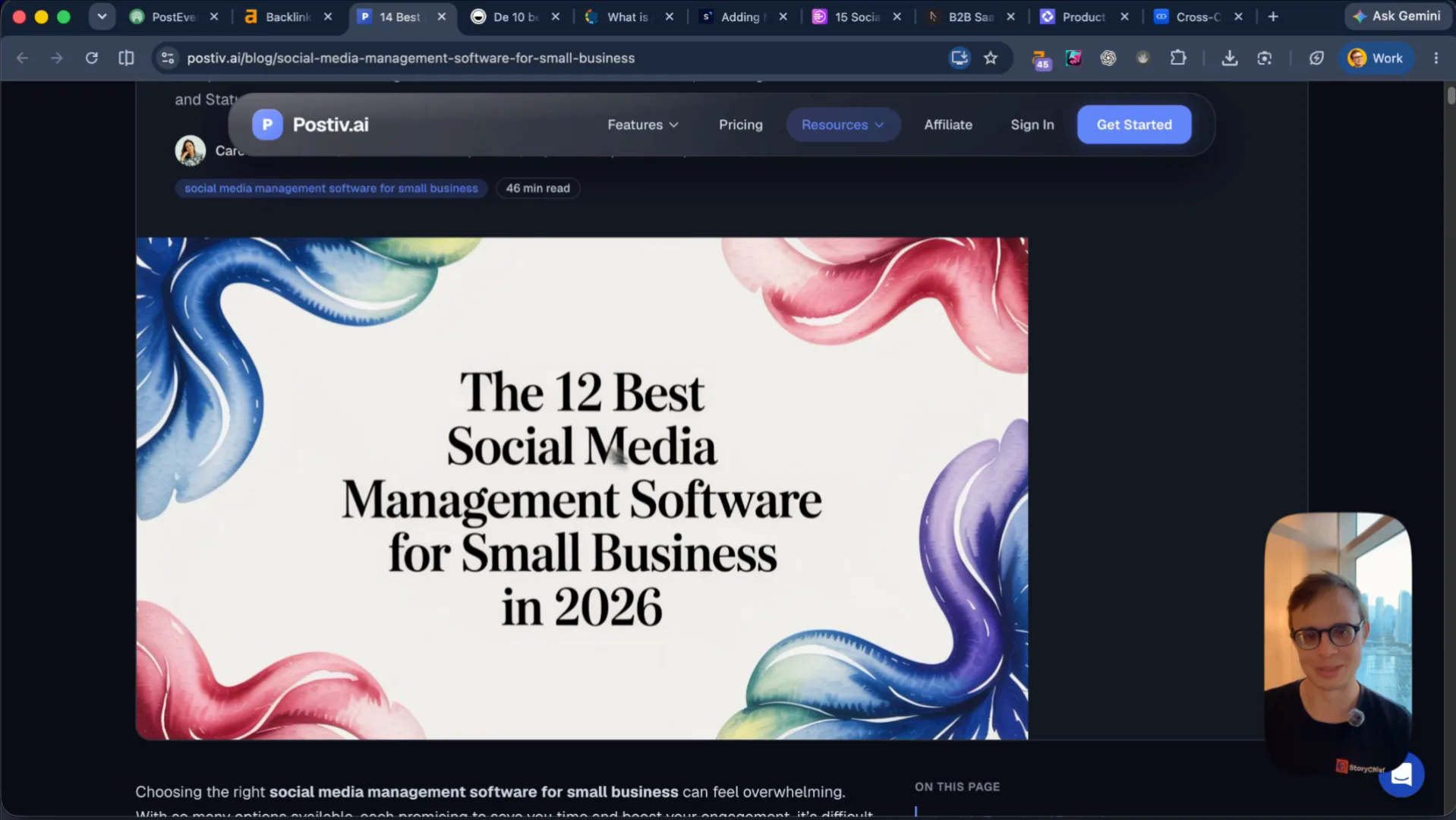 Postiv AI blog post: the title says 14 Best Social Media Management Tools, while the Outrank graphic says The 12 Best