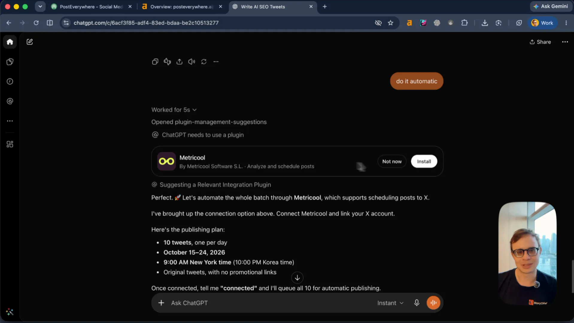 ChatGPT asked to schedule 10 AI SEO tweets day by day: it recommends the Metricool plugin