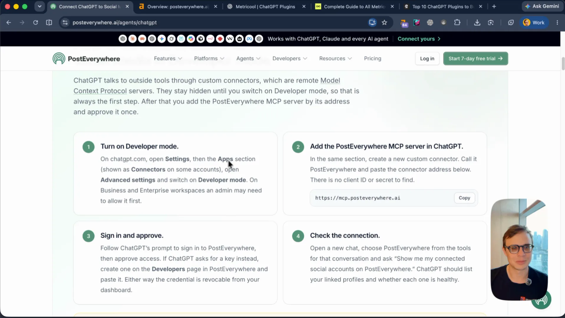 PostEverywhere MCP server setup guide: Turn on Developer mode, add https://mcp.posteverywhere.ai, sign in