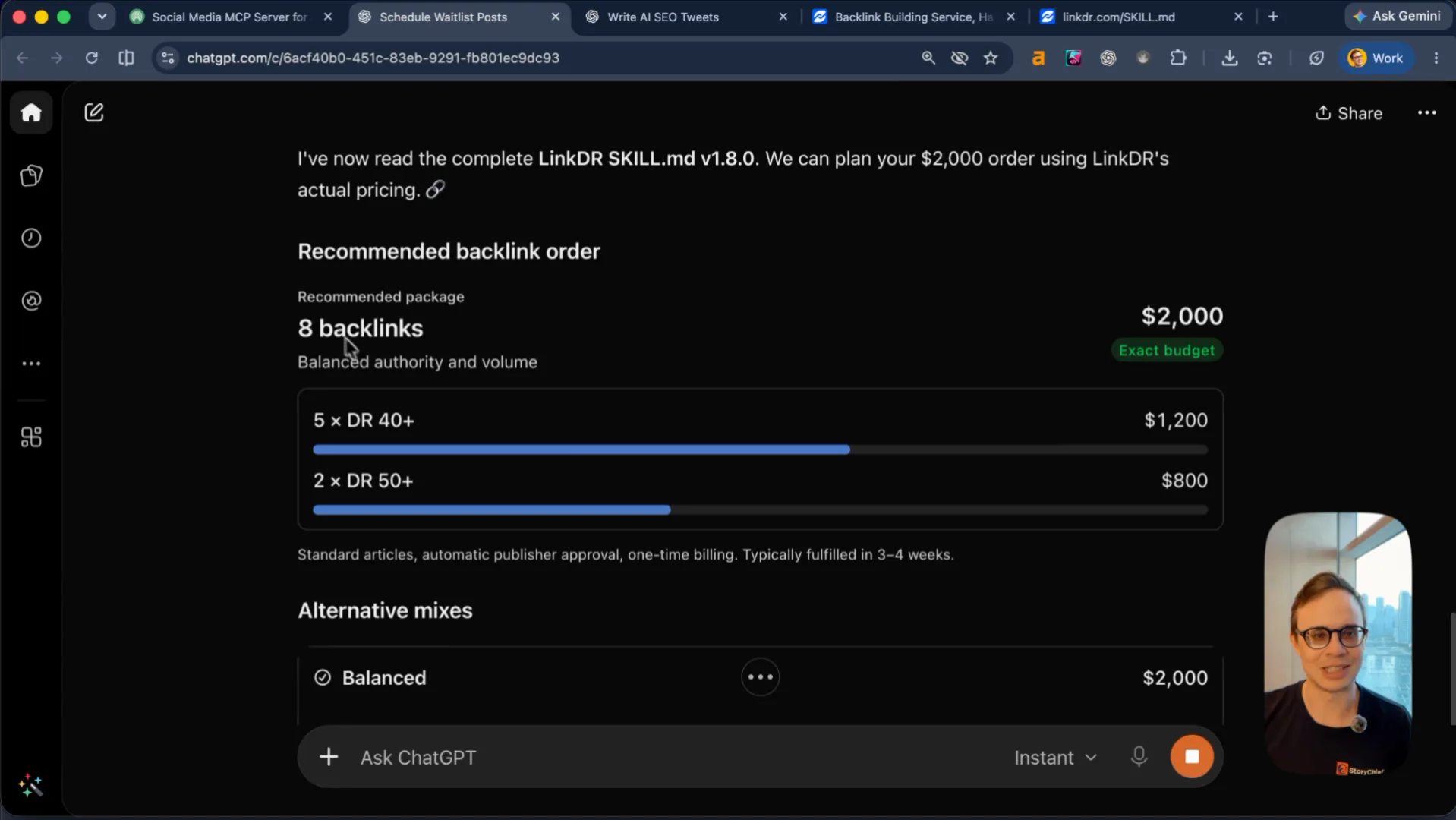 ChatGPT reading LinkDR's SKILL.md and generating a $2,000 backlink plan for posteverywhere.ai