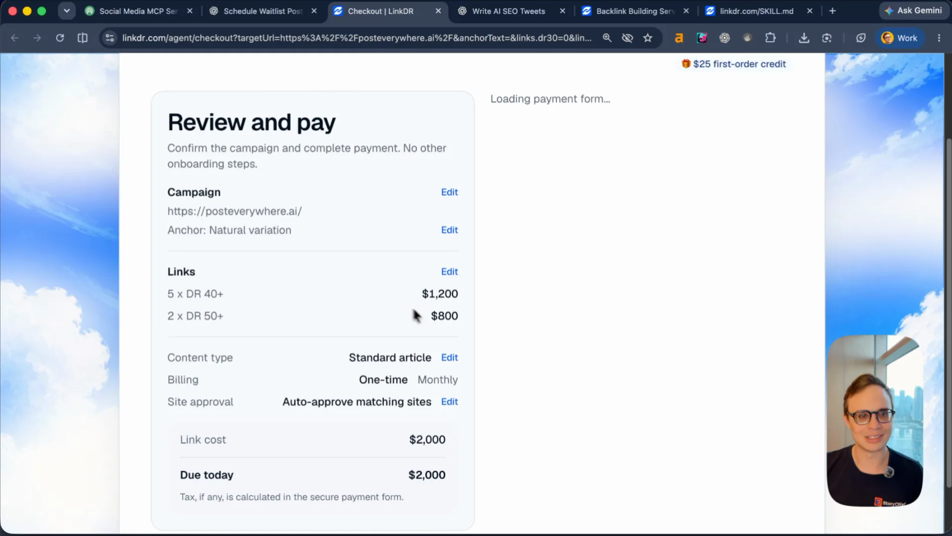LinkDR /agent Review and pay screen pre-filled for posteverywhere.ai with the AGENTIC promo code applied