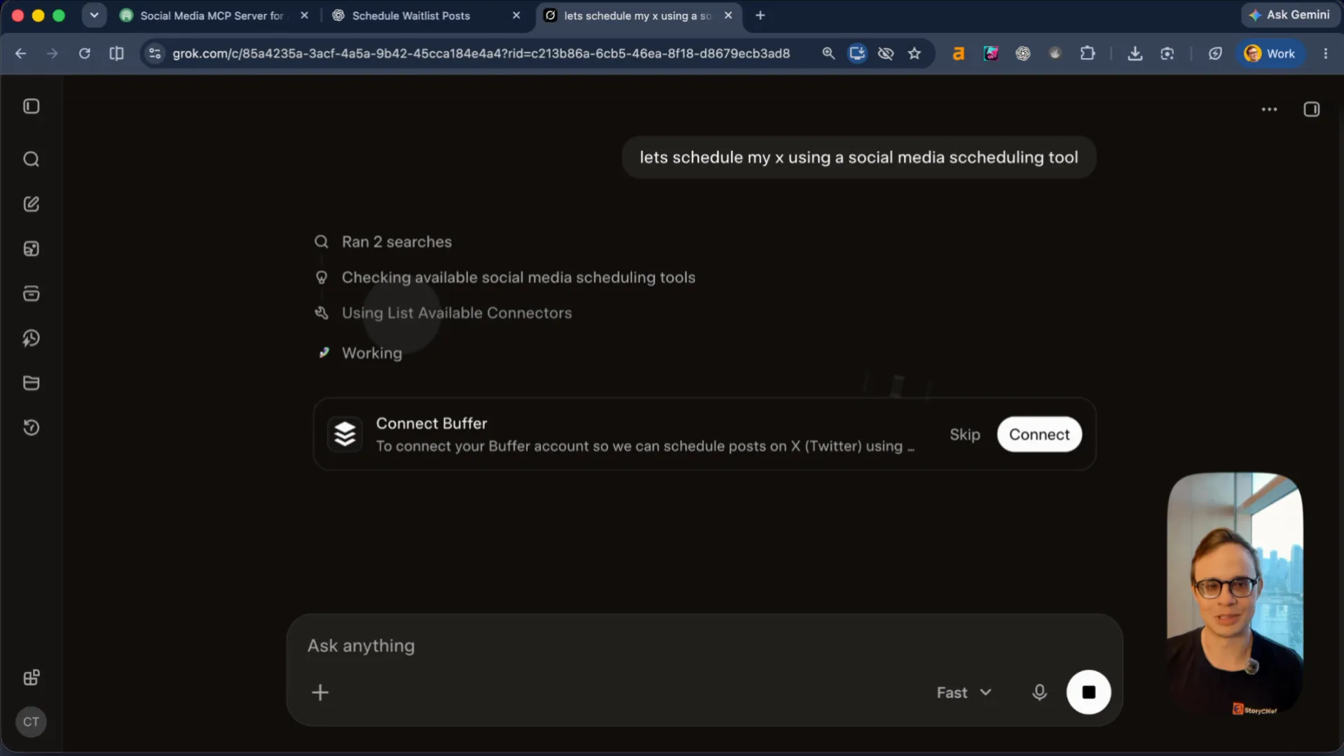 Grok asked to schedule X posts with a social media scheduling tool: it searches its connectors and prompts to Connect Buffer