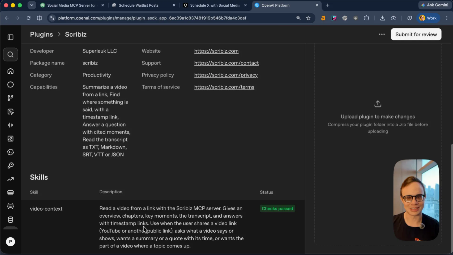 OpenAI Plugin management portal at platform.openai.com/plugins showing Scribiz uploaded with skills and passing checks