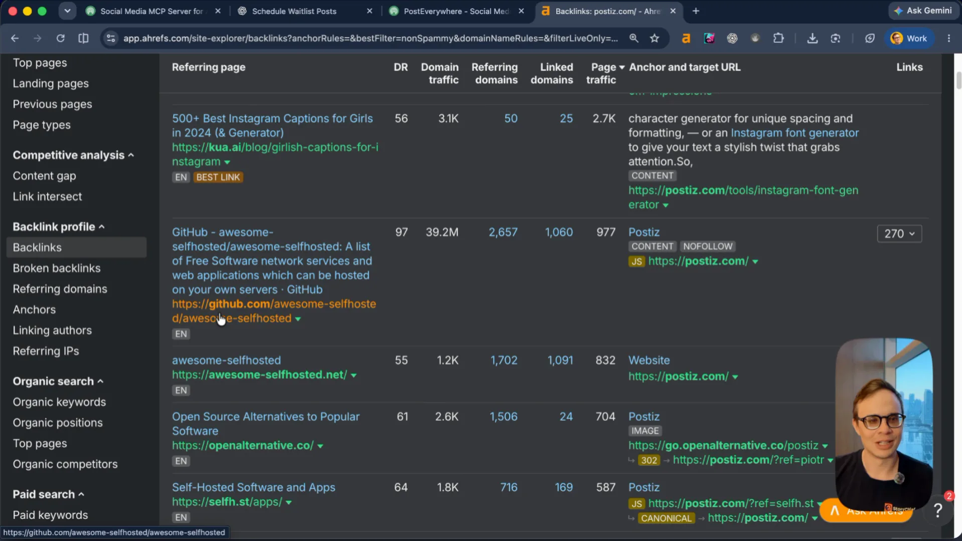 Ahrefs backlinks for postiz.com: GitHub awesome-selfhosted and OpenAlternative listings