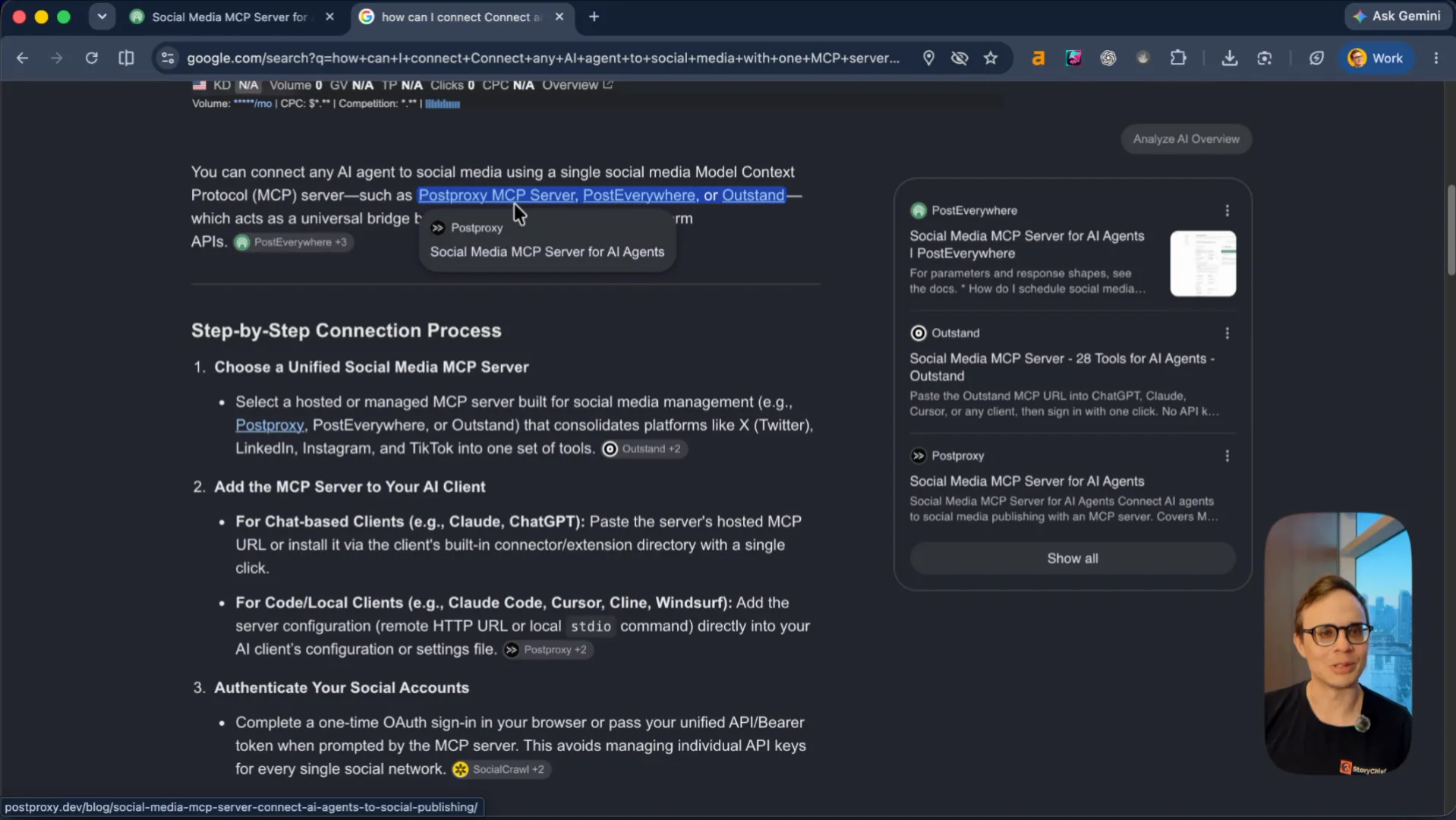 Google AI Overview for connecting an AI agent to social media with one MCP server: names Postproxy, PostEverywhere, and Outstand