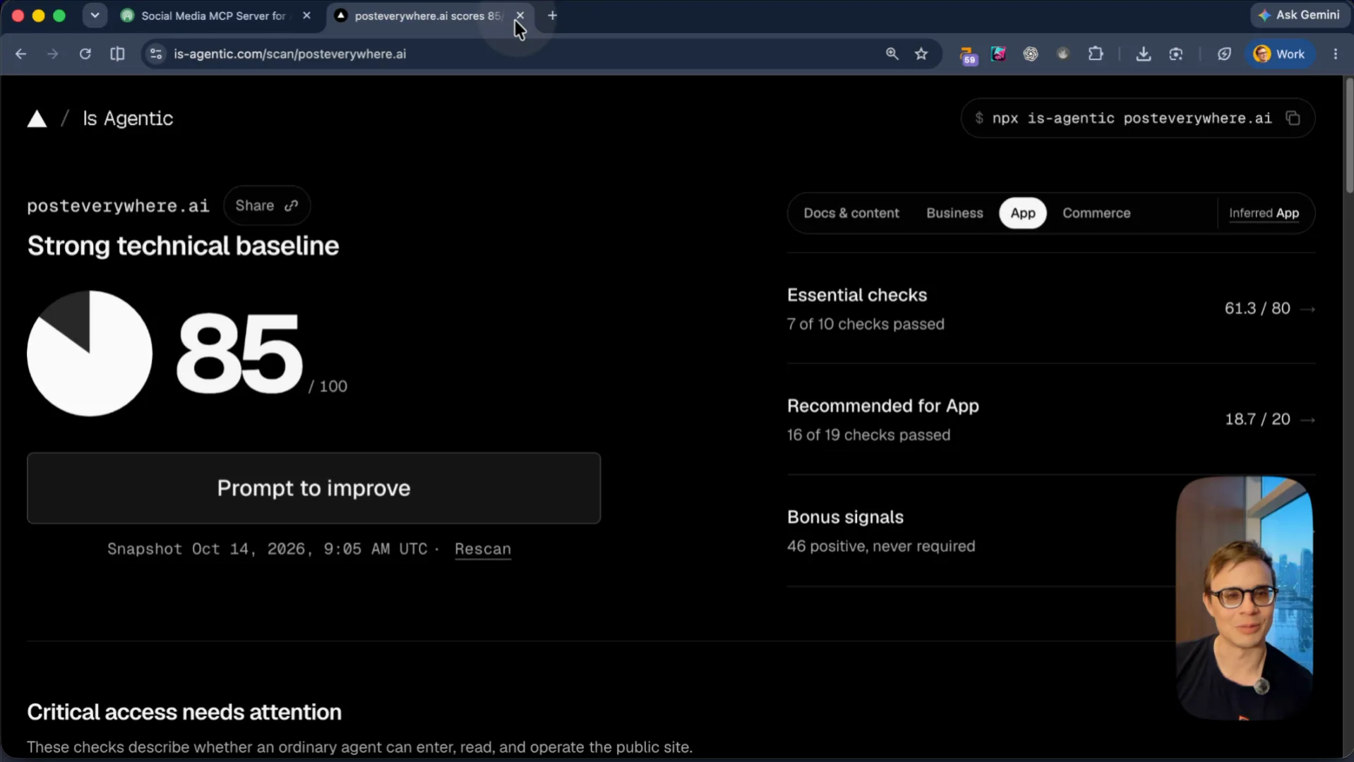 is-agentic.com technical audit for posteverywhere.ai showing an 85/100 score