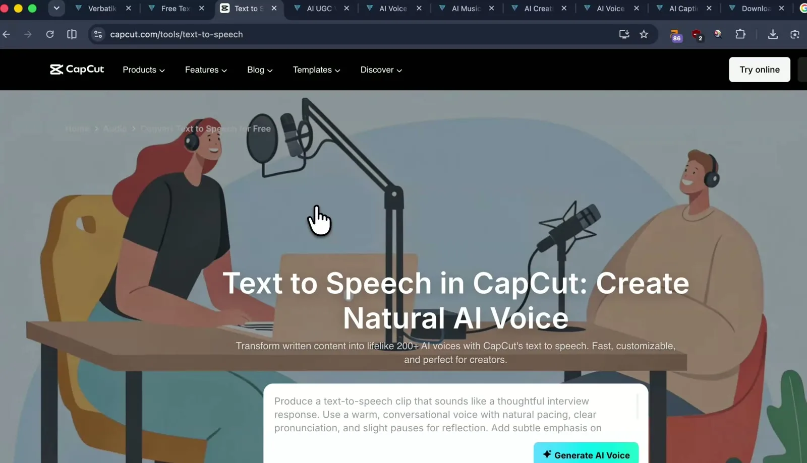 CapCut text-to-speech tool with on-page Generate CTA