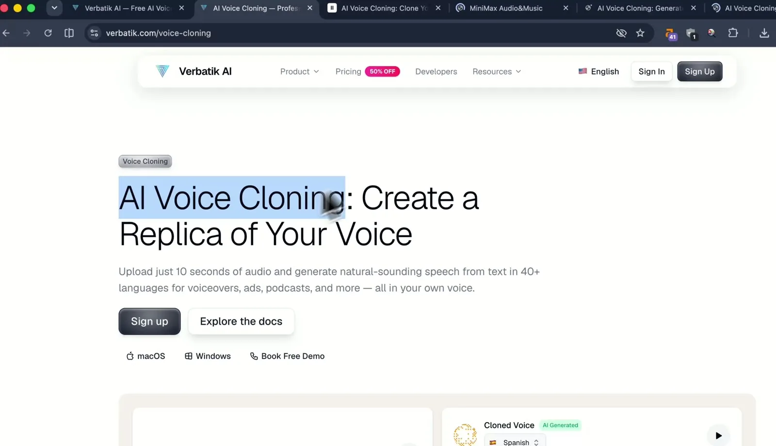 Verbatik voice cloning page