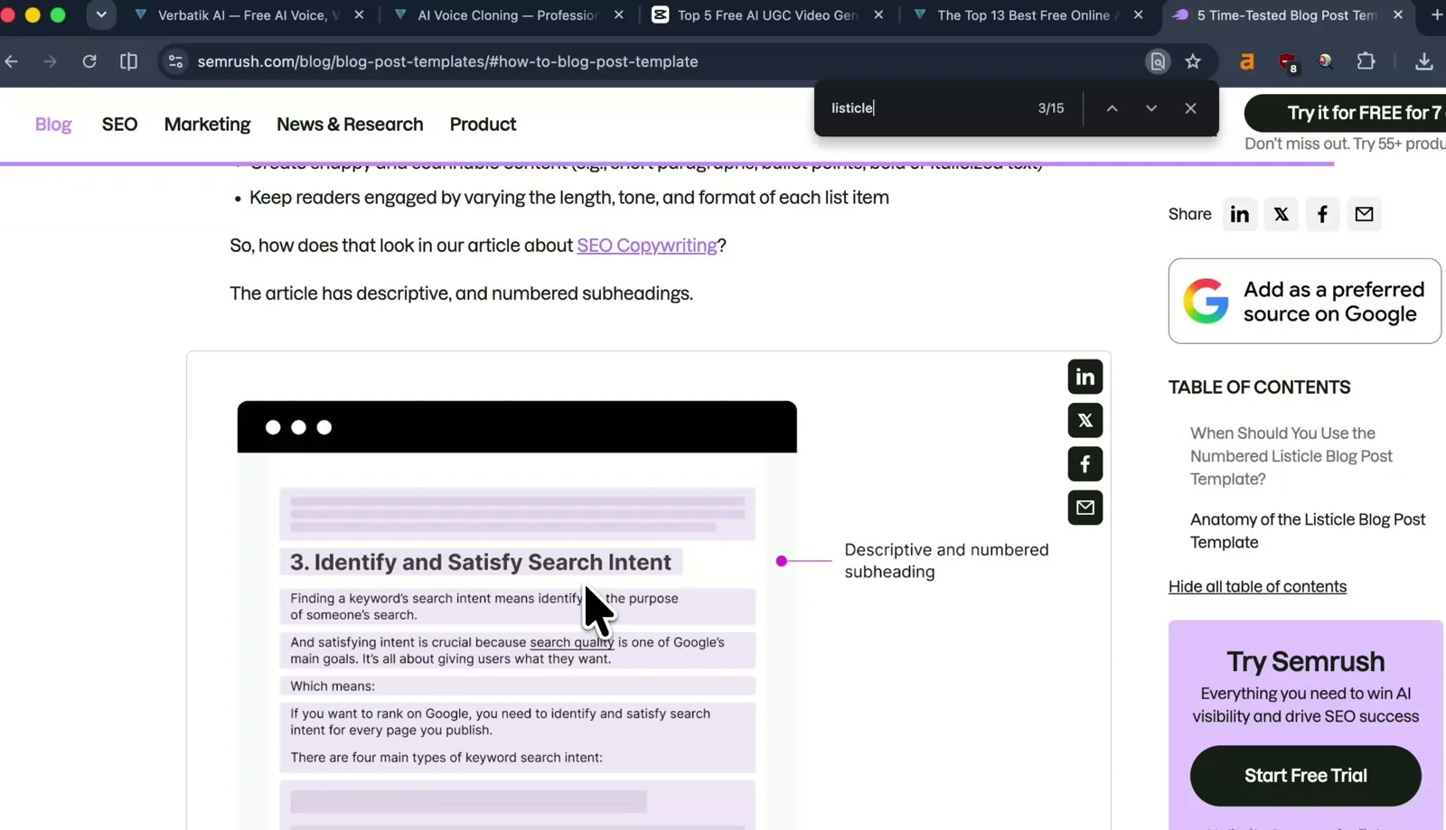 Semrush listicle blog post template anatomy