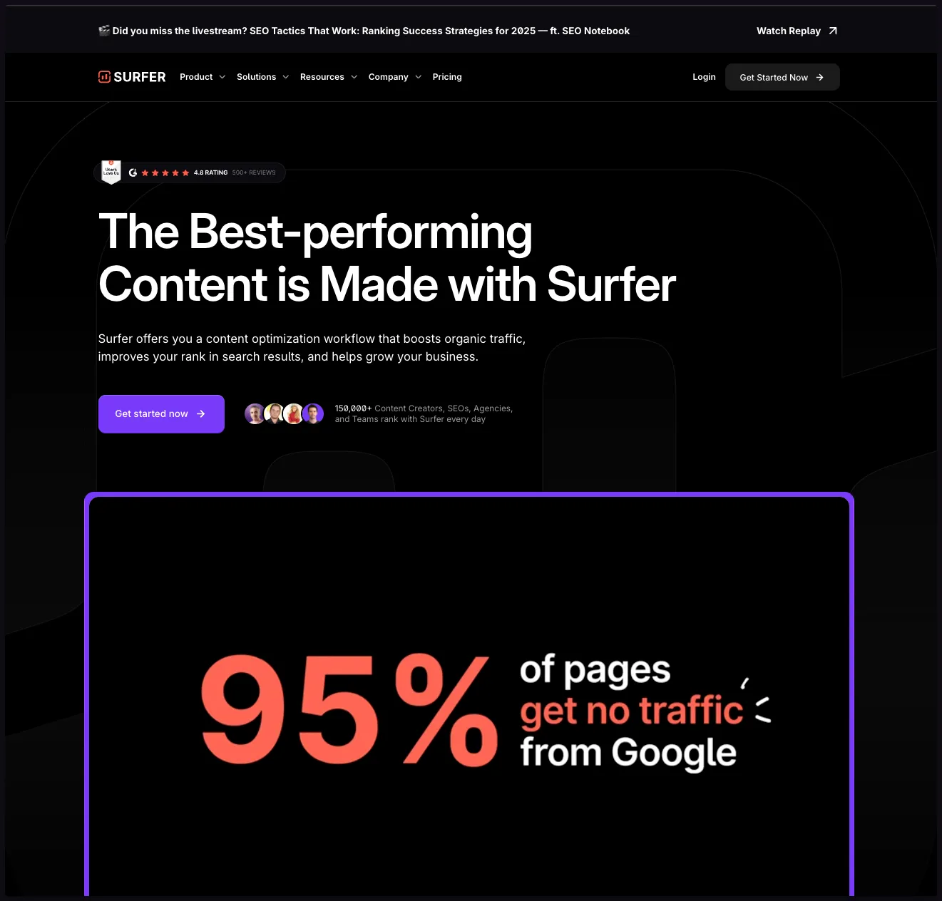 Surfer homepage with a direct get started CTA