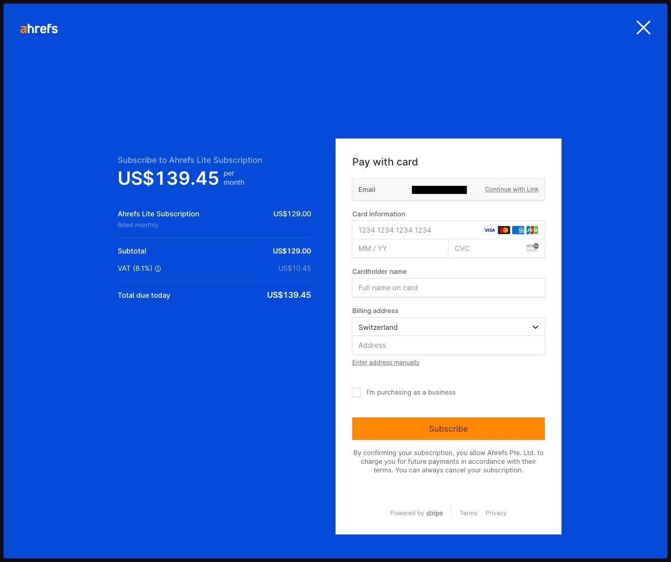 Ahrefs payment screen