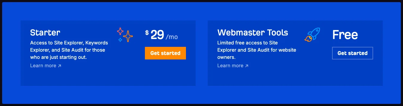 Ahrefs Webmaster Tools free option hidden near the bottom of pricing