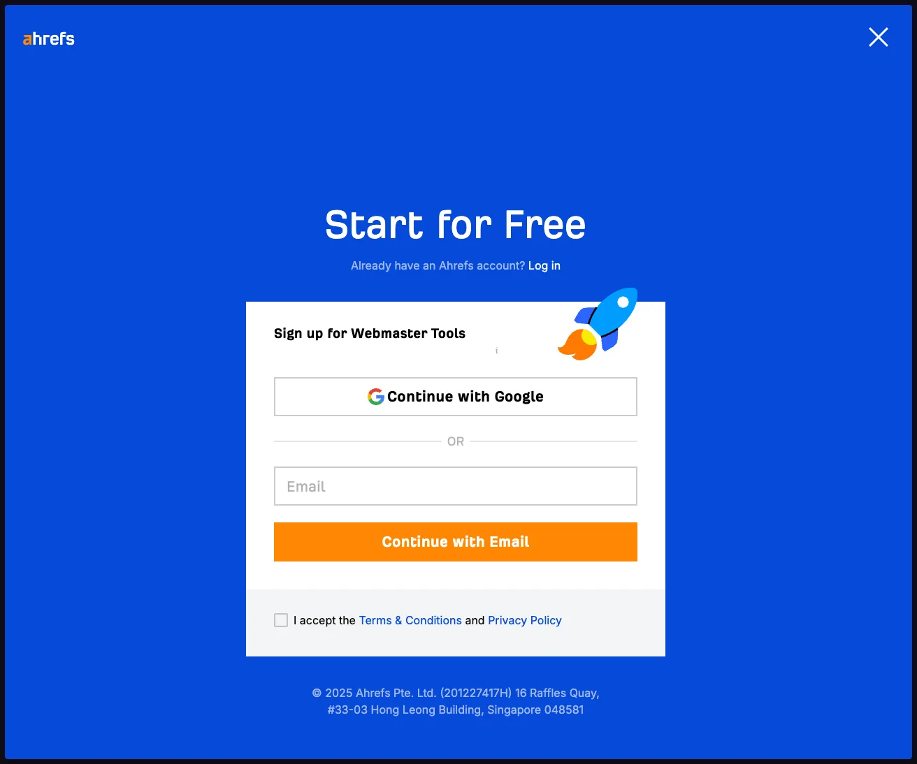 Ahrefs free Webmaster Tools signup page