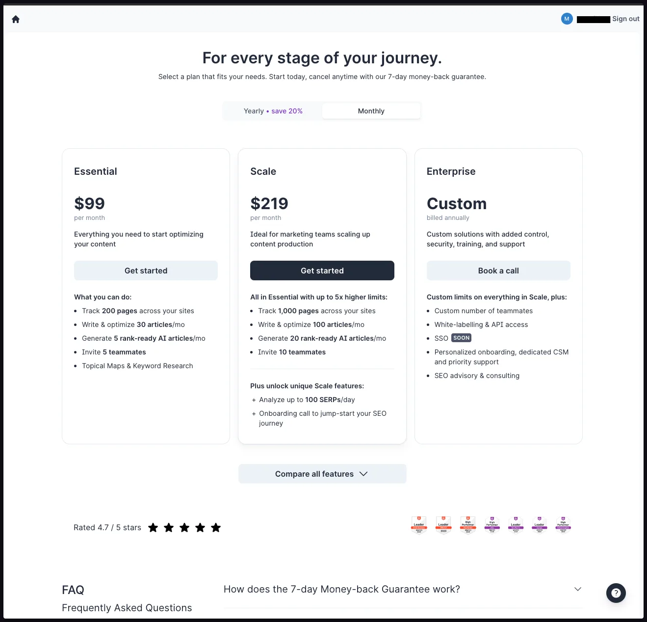 Surfer pricing page with paid plans and money-back guarantee