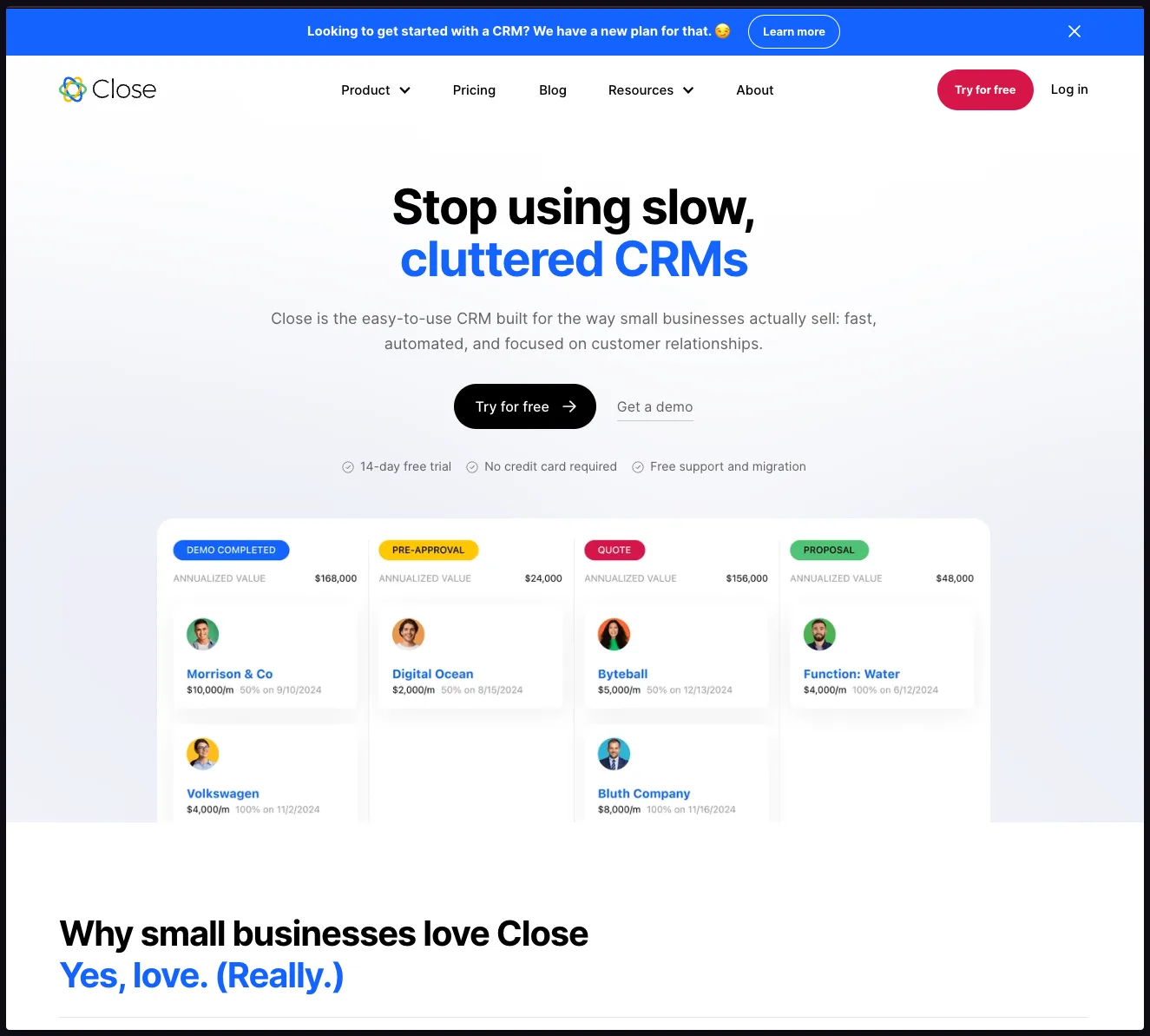 Close homepage positioning against slow CRMs
