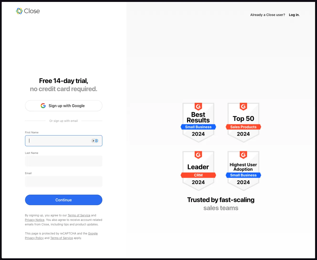 Close free trial signup page