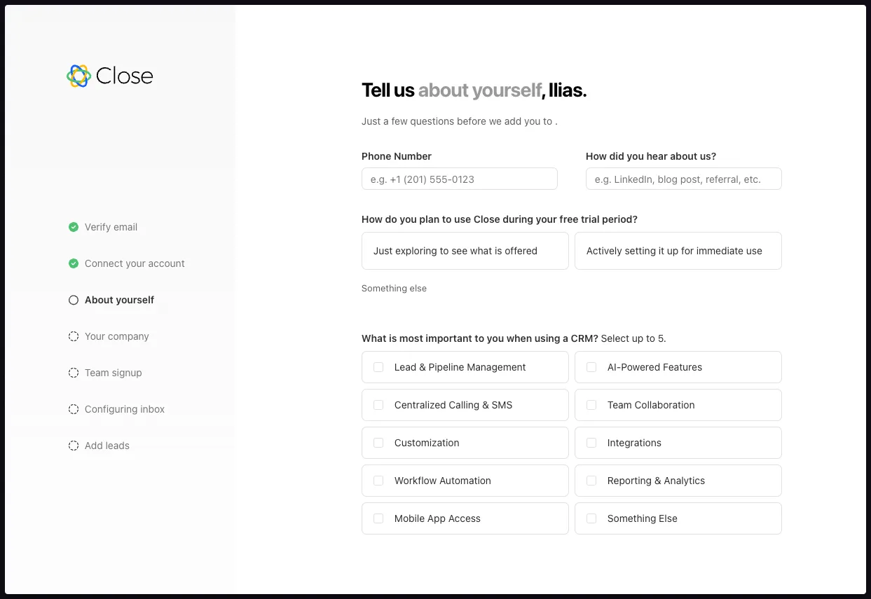 Close onboarding profile questions